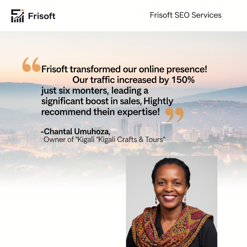 Testimonial from a Rwandan business owner sharing how Frisoft’s SEO services in Kigali improved Google rankings, visibility, and business growth.