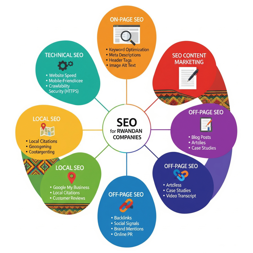 Brochure-style infographic highlighting SEO services in Kigali including technical SEO, on-page SEO, local SEO, off-page SEO, and SEO content marketing for businesses in Rwanda.