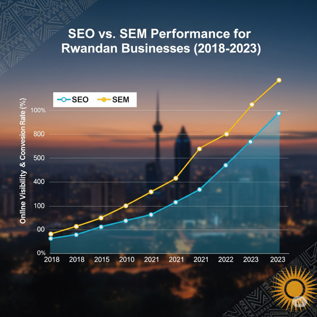 Line graph comparing SEO and SEM performance for Rwandan businesses from 2018 to 2023, showing steady SEO growth and faster SEM visibility and conversion rates.