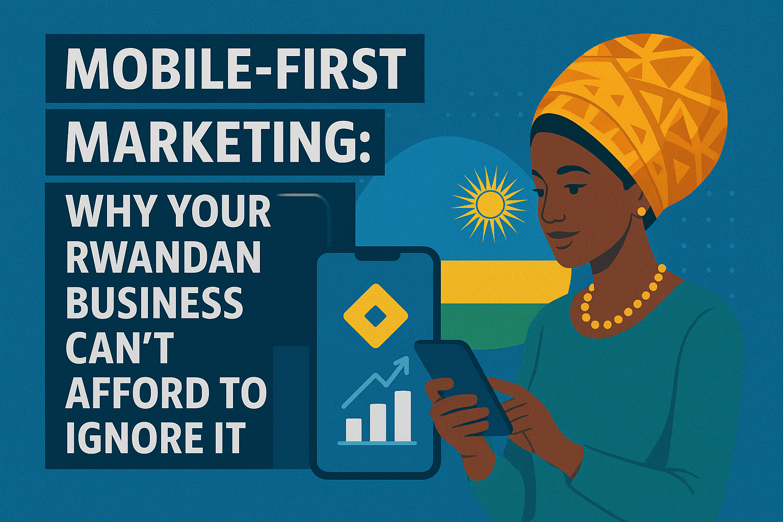 Modern illustration of a Rwandan woman using a smartphone with mobile-first marketing icons, growth charts, and the Rwanda flag, symbolizing the importance of mobile-first strategies for business success.