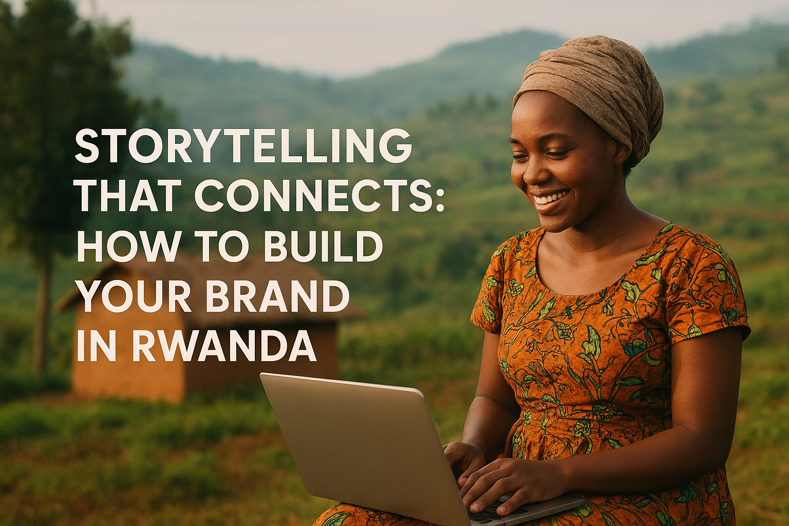 Rwandan woman in traditional dress smiling while working on a laptop outdoors with terraced hills in the background, symbolizing authentic brand storytelling in Rwanda.