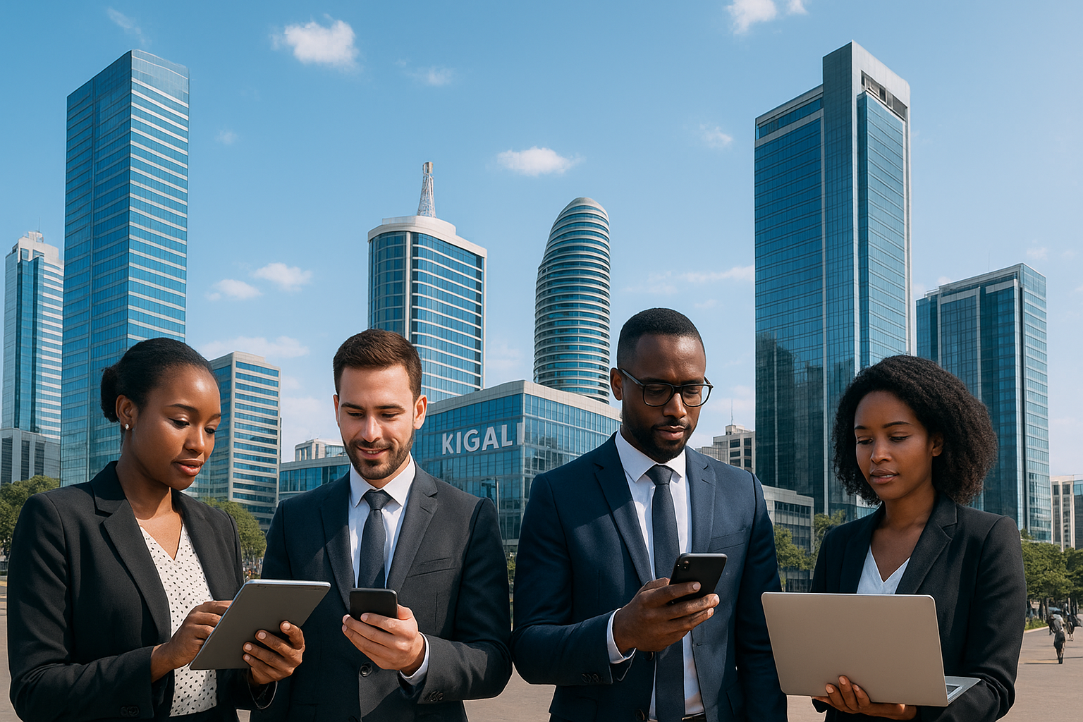 Business professionals in Kigali using digital devices with a modern high-tech city skyline in the background