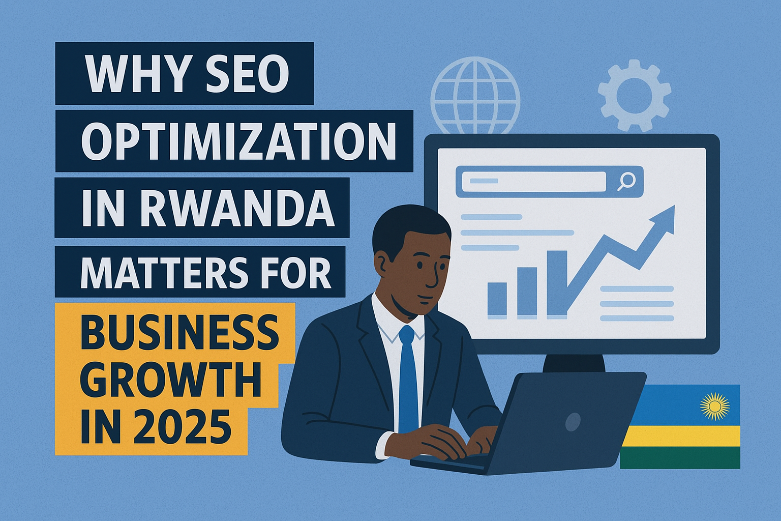 Illustration of a Rwandan businessman working on SEO optimization with growth charts, symbolizing business growth in Rwanda in 2025.