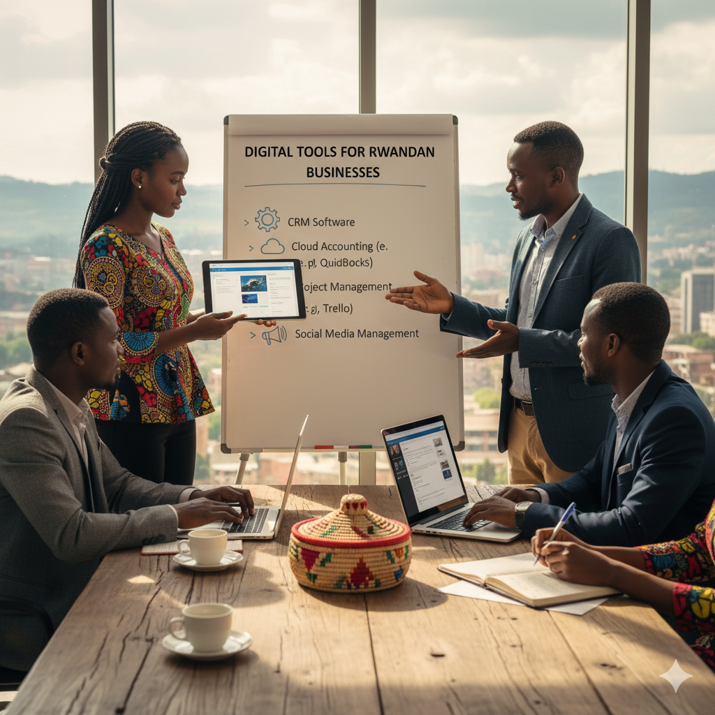 Rwandan business team meeting in a Kigali office, using a tablet and laptop to discuss a digital content marketing strategy roadmap with essential software tools displayed on a whiteboard. Focus on digital transformation for SMEs in Rwanda
