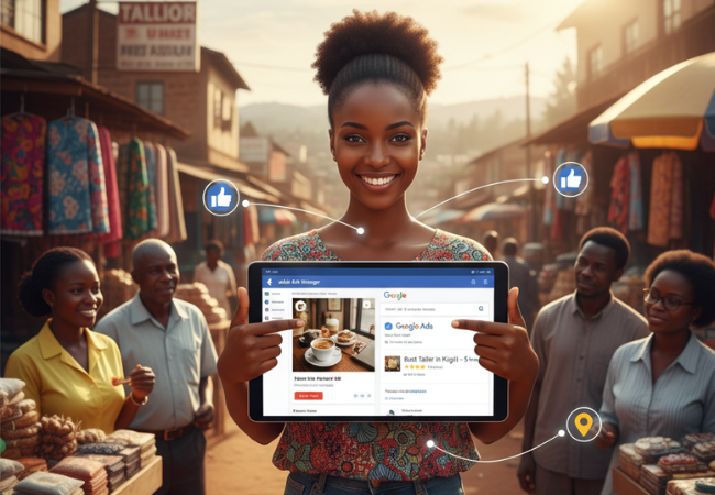 Rwandan small business owner showing local Facebook and Google Ads on a tablet, surrounded by a vibrant Rwandan market, demonstrating digital advertising for local customers.