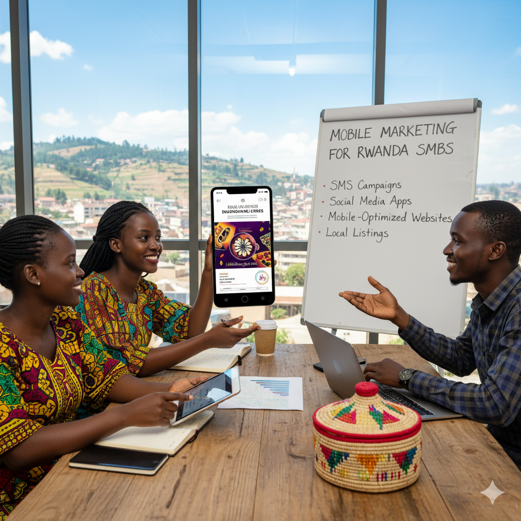 Rwandan small business team discussing mobile marketing strategy and digital growth on a whiteboard in a modern Kigali office