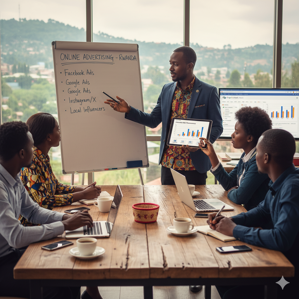 Rwandan marketing team discusses digital ad strategy (Facebook/Google) in Kigali office.