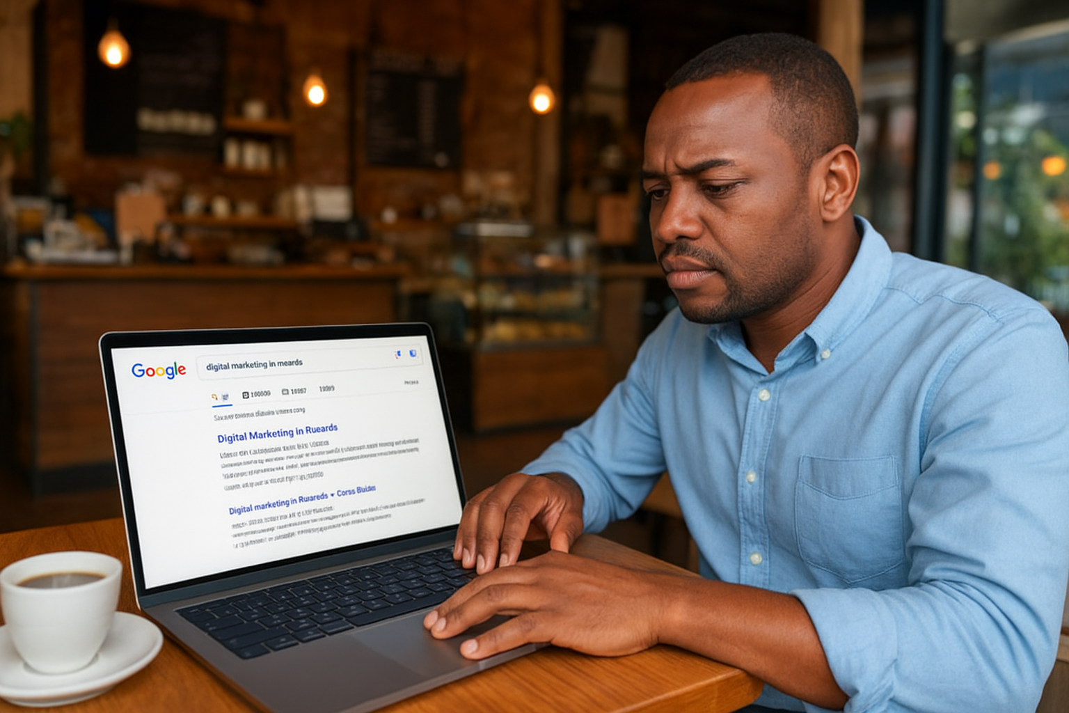 A Rwandan business owner analyzing Google search results on a laptop at a Kigali café.