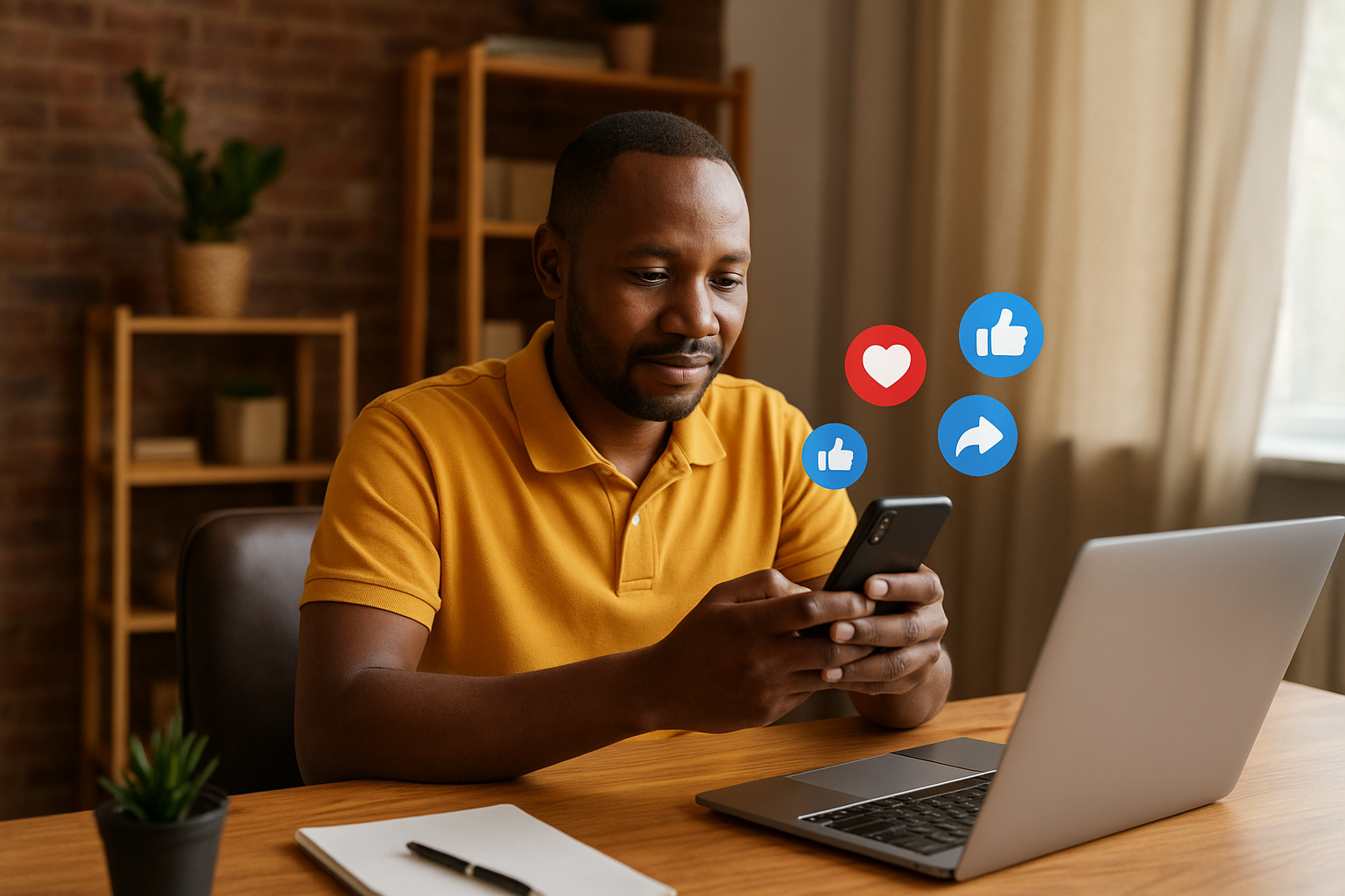 A Rwandan entrepreneur managing social media marketing on a smartphone in a cozy workspace, representing digital marketing in Rwanda.