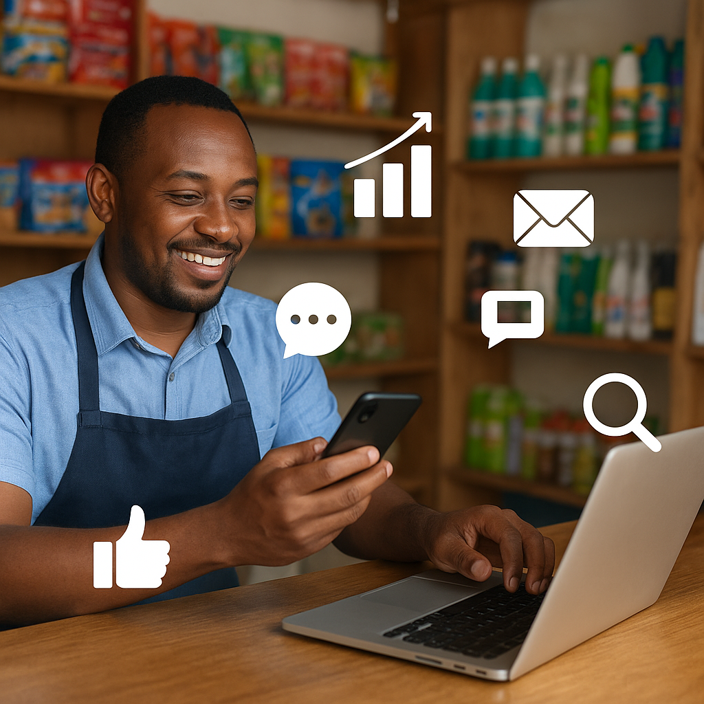 A Rwandan entrepreneur using a smartphone and laptop in a small shop, representing the growth of digital marketing in Rwanda in 2025.