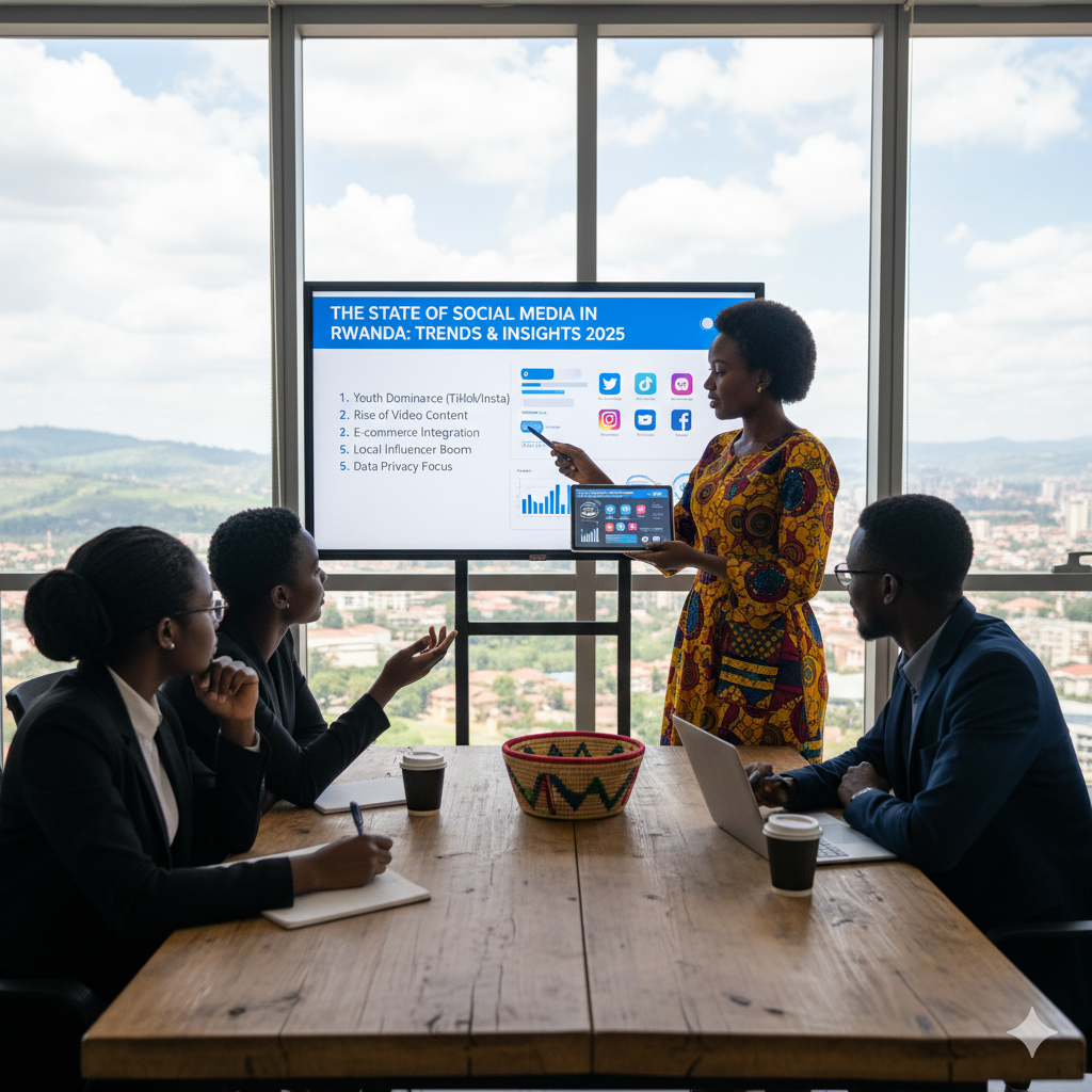 Rwandan business professionals analyzing a content marketing strategy on a whiteboard with social media platform logos, reflecting on 2025 trends and digital insights for the Kigali market.