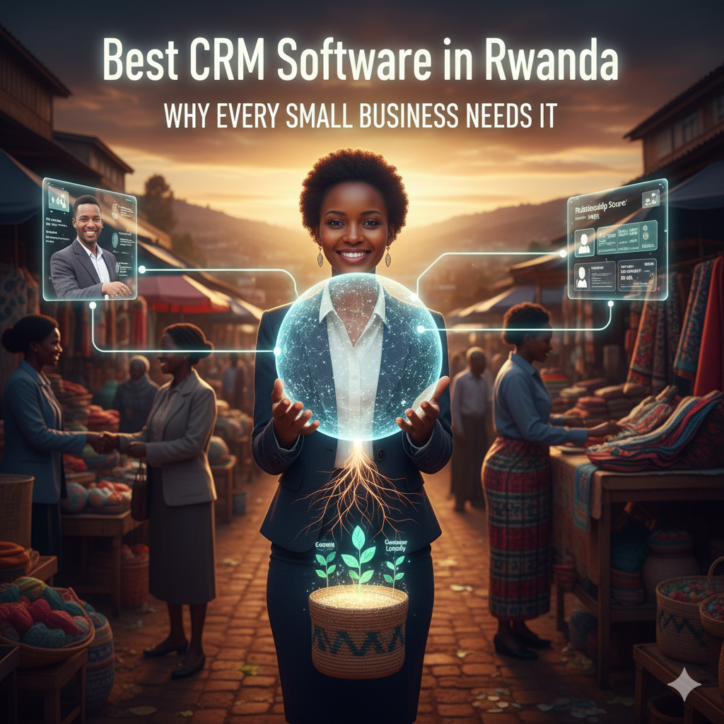 Rwandan businesswoman holding a glowing orb representing CRM software, with digital customer relationship metrics overlaying a bustling Rwandan market. Symbolizes growth, customer loyalty, and business expansion for small businesses in Rwanda
