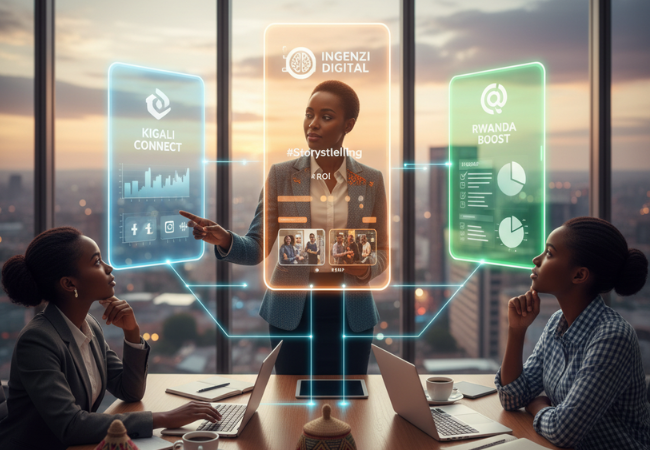 Rwandan business owners evaluating multiple social media agencies in Kigali, comparing digital marketing expertise, storytelling, and ROI potential on interactive displays in a modern office.