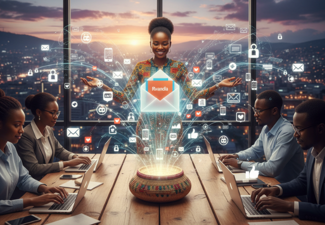 Rwandan business team interacting with glowing digital email marketing interfaces and a central email icon, demonstrating effective communication tools for businesses in a modern Kigali setting.
