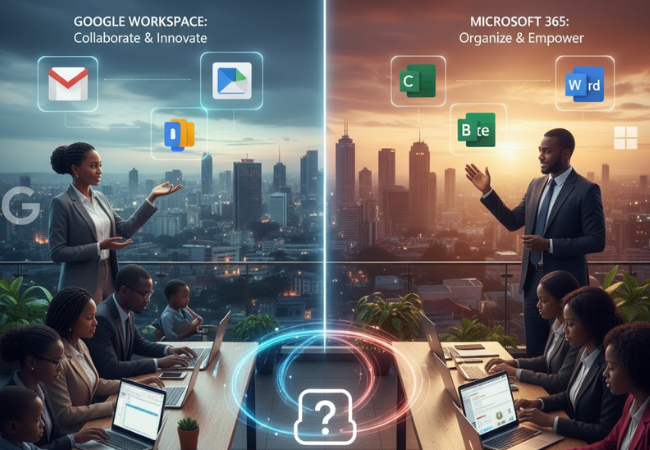 A visual comparison showing Google Workspace and Microsoft 365 icons balanced over a modern Rwandan SME office with the Kigali cityscape in the background, symbolizing the choice of productivity suites for local