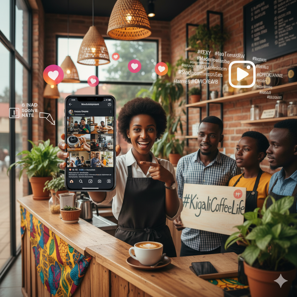 Rwandan entrepreneur creating a captivating Instagram Reel on a smartphone, optimizing with local hashtags for SME business growth and visibility in Kigali.
