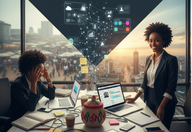 A Rwandan entrepreneur's desk showing a visual transition from disorganized papers (chaos) to a highly organized digital project dashboard (clarity), illustrating the power of productivity tools for business efficiency in Rwanda.