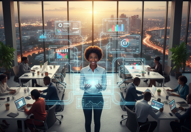 Rwandan female entrepreneur holding glowing digital marketing tools, with a modern Kigali office bustling with SME teams using laptops and data dashboards, symbolizing business transformation through software in 2025.