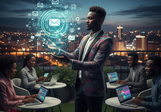 A stylized digital network with glowing automation workflows linking a Rwandan business team to the modern Kigali skyline, illustrating how marketing automation tools streamline efficiency and business growth for local companies.