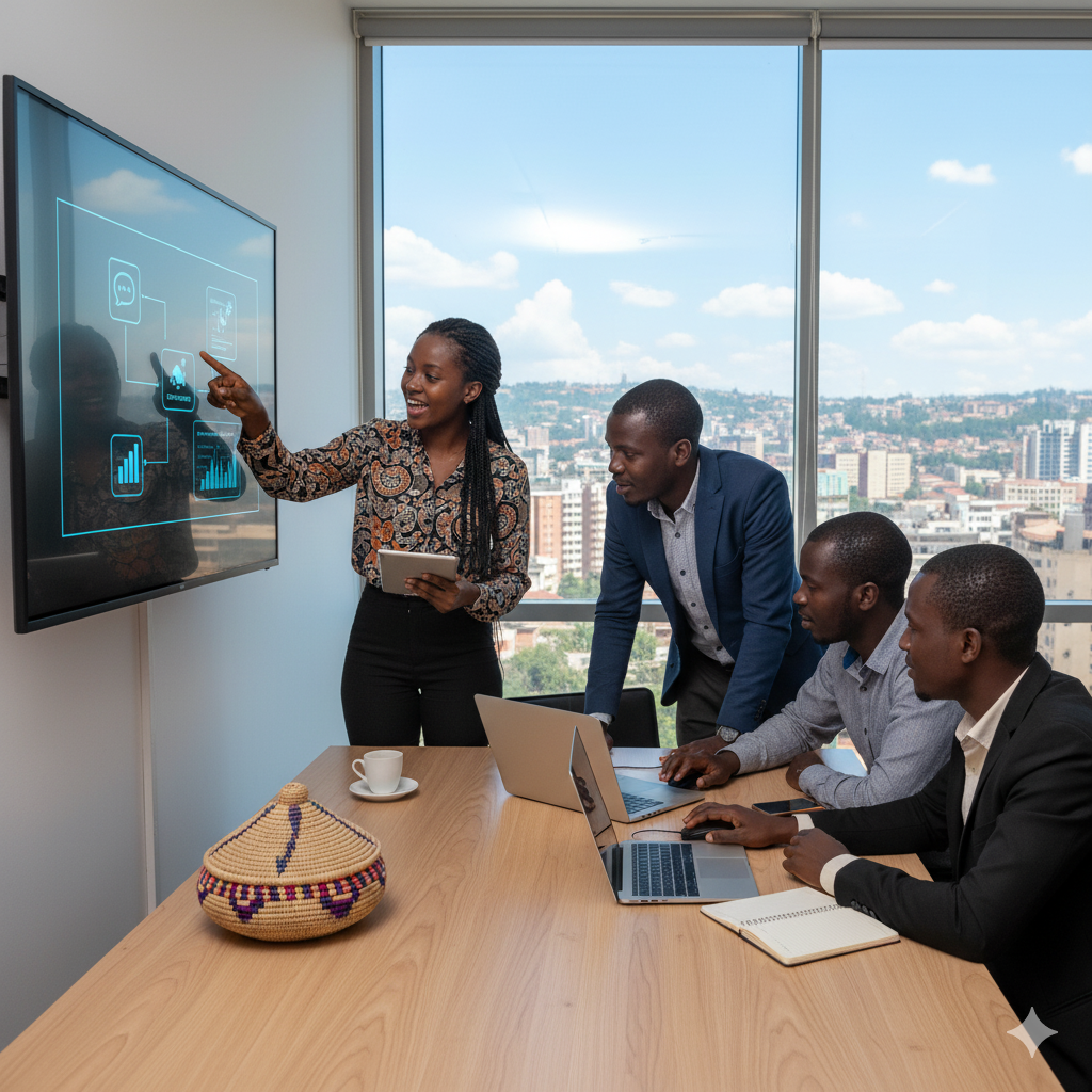 Rwandan SME team in a Kigali office, discussing practical steps for integrating AI tools into their business operations, with the city skyline visible through the window, emphasizing technological adoption in 2026.