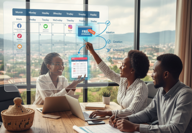 Rwandan business team planning a digital content calendar on an interactive screen, showcasing steps and a free template for effective content scheduling for a Kigali-based business.