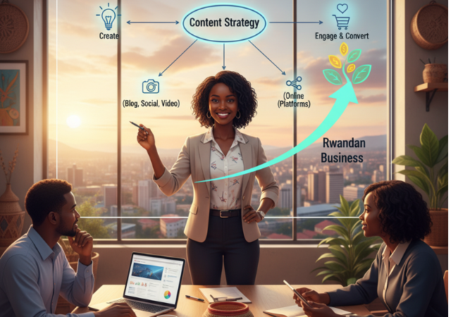 Rwandan business leader explaining a content strategy roadmap on a digital display to a team, illustrating the simple steps from creation to engagement and business growth in Kigali.