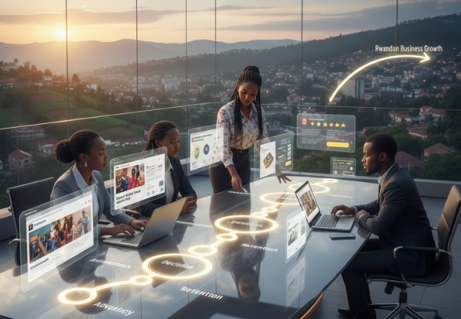 Rwandan marketing team mapping a glowing customer journey on an interactive table, identifying content for awareness, consideration, and decision stages, with the scenic hills of Kigali in the background.