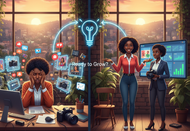 A Rwandan small business owner standing at a crossroads, symbolizing the decision point to hire either a dedicated content creator or a social media manager, with a clear focus on the growth of their Kigali