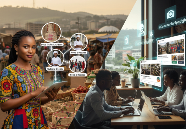 A Rwandan businesswoman in traditional attire generating local content ideas (crafts, food, events) from a vibrant market scene, seamlessly transitioning to a digital team in a modern office creating social media posts for Rwandan businesses.