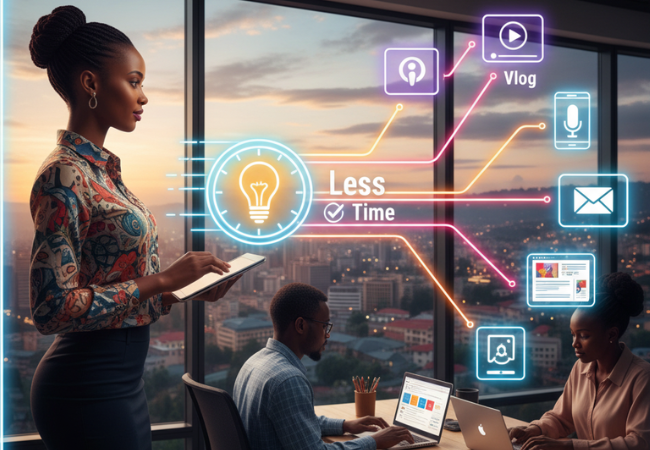 Rwandan marketing professional efficiently repurposing a single blog post or video idea (center) into multiple content formats (short videos, infographics, social posts) to save time for a small business in Kigali.