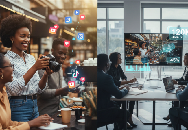 Rwandan entrepreneurs creating and distributing engaging video content for social media (TikTok, YouTube, Instagram) on one side, and on the other, a business team analyzing its high performance and reach on a large screen in a modern Kigali office.